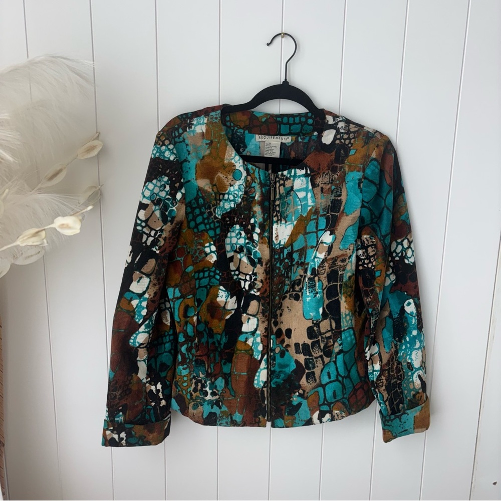 Requirements Corduroy Front Zip Top‎ Womens SZ S Turquoise Black Brown Stretch
